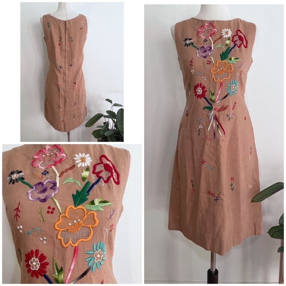 Vintage 60’s 70’s Hand Stitch Embroidery Floral Colorful Garden Sheath Tan Dress - Picture 1 of 15
